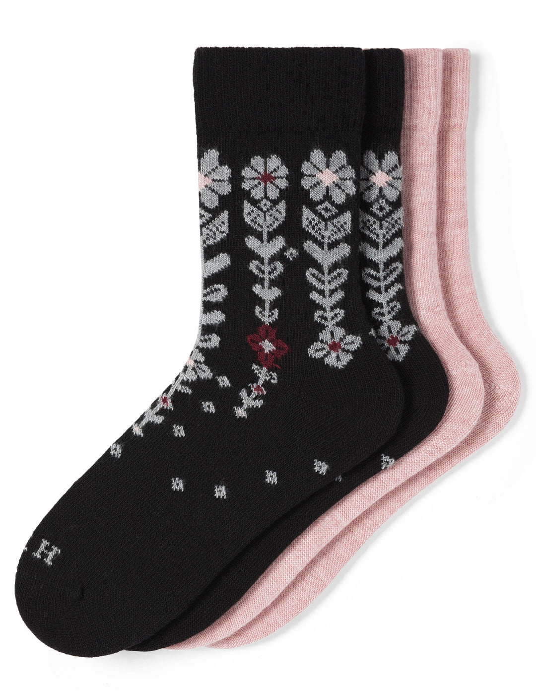 Two pairs of socks with floral patterns, one black and one pink, on a white background.