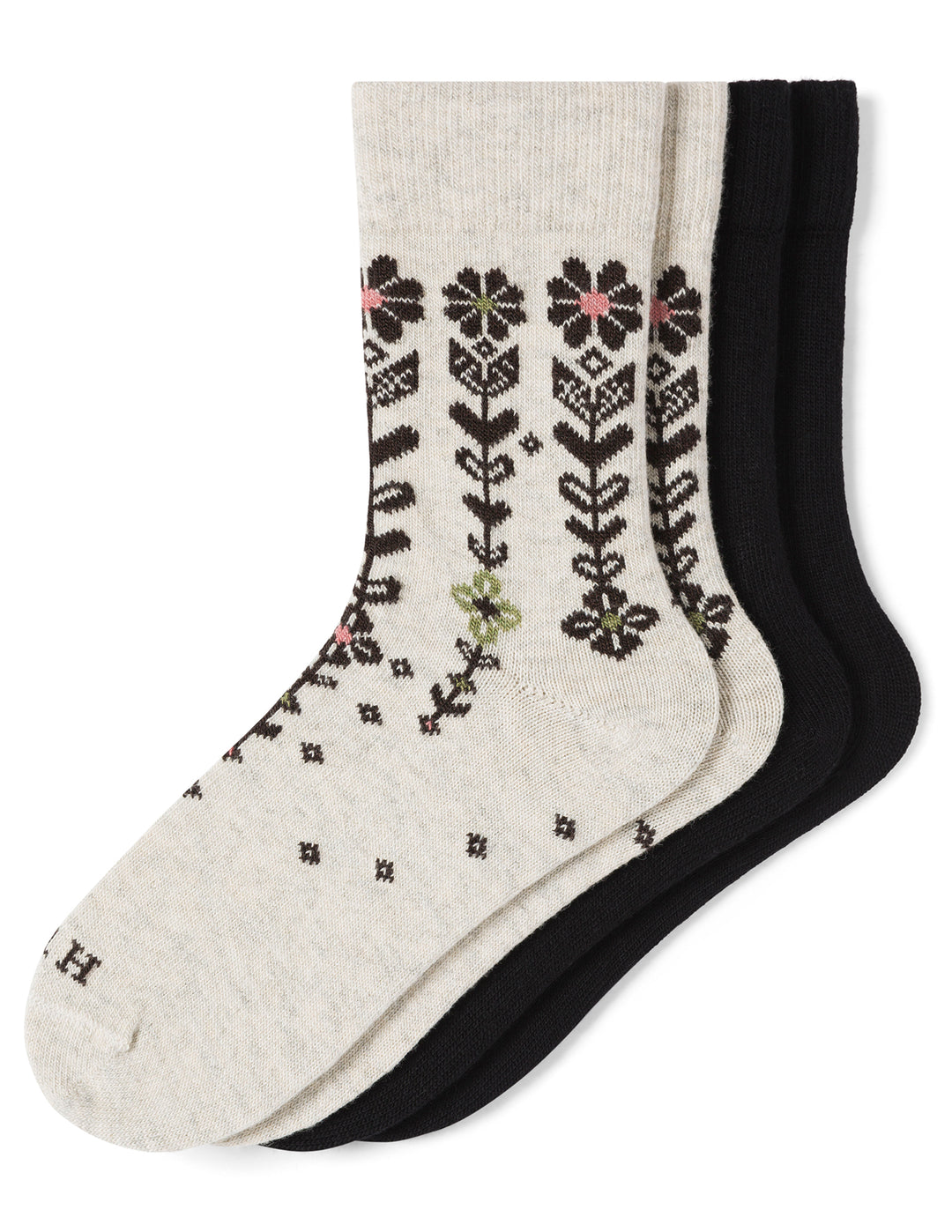 Two pairs of socks with floral patterns on a white background