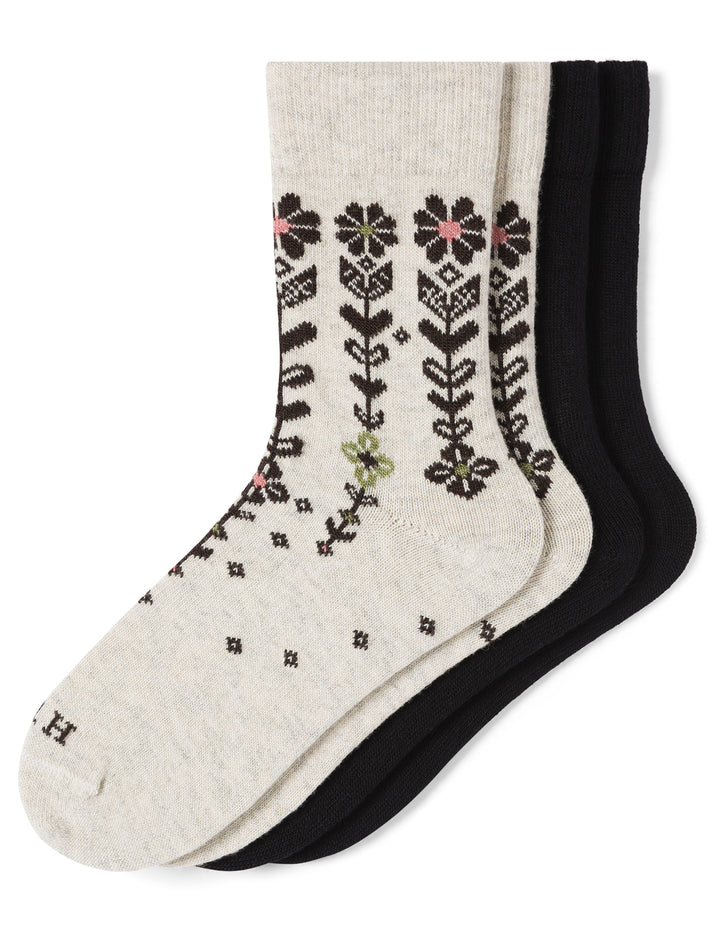 Two pairs of socks with floral patterns on a white background