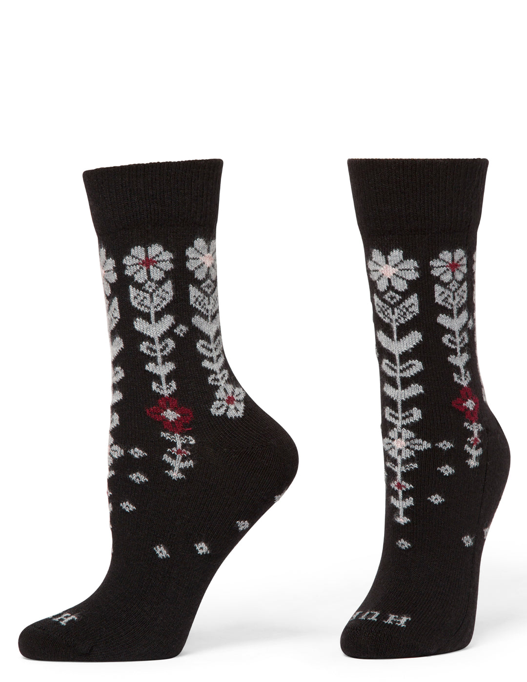 Black socks with floral pattern on a white background