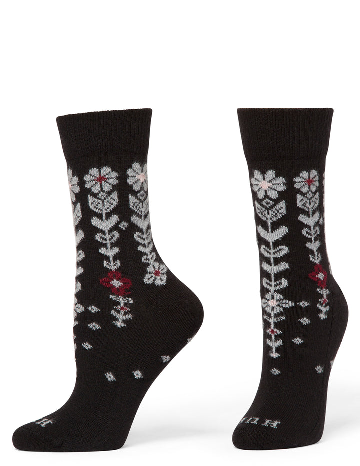 Black socks with floral pattern on a white background