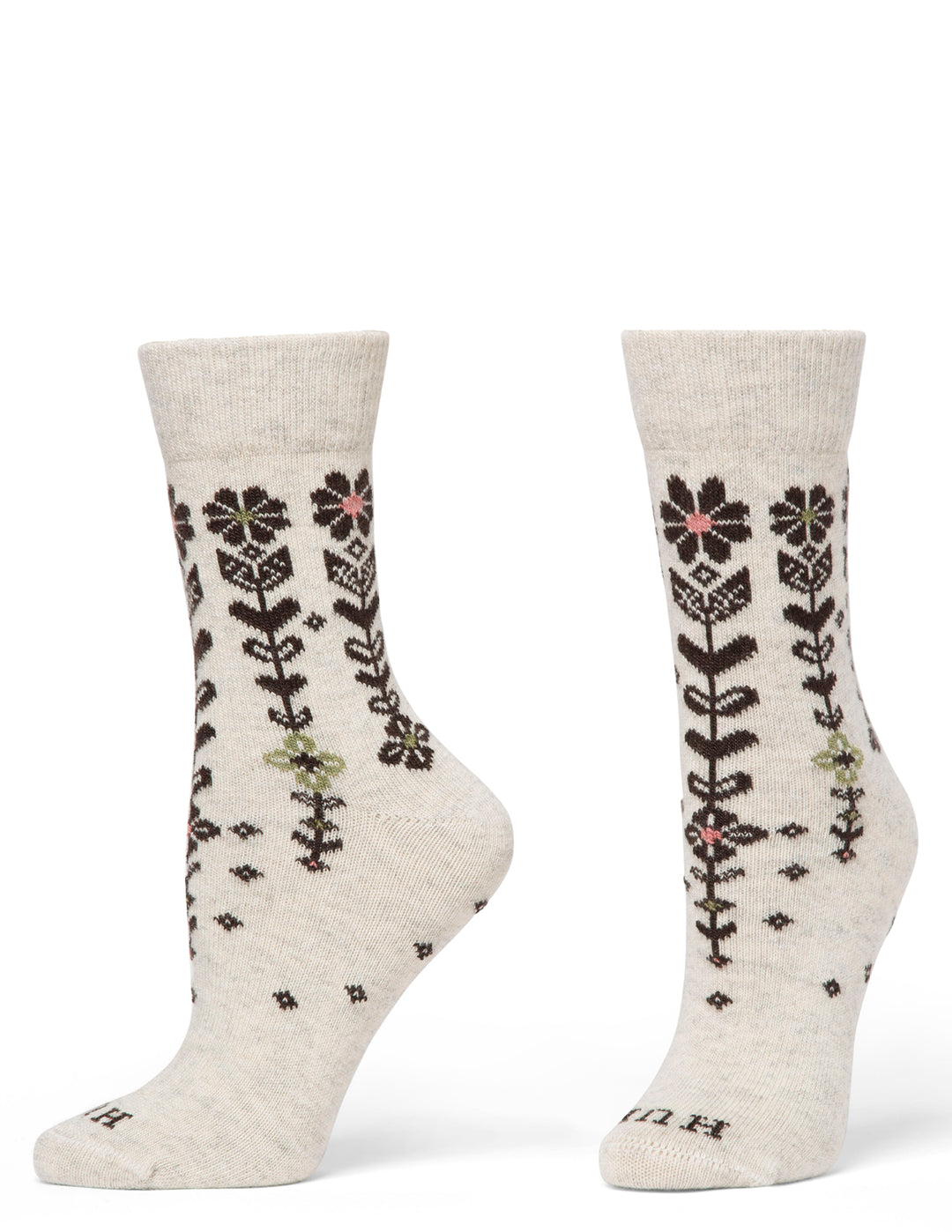 Pair of floral-patterned socks on a white background