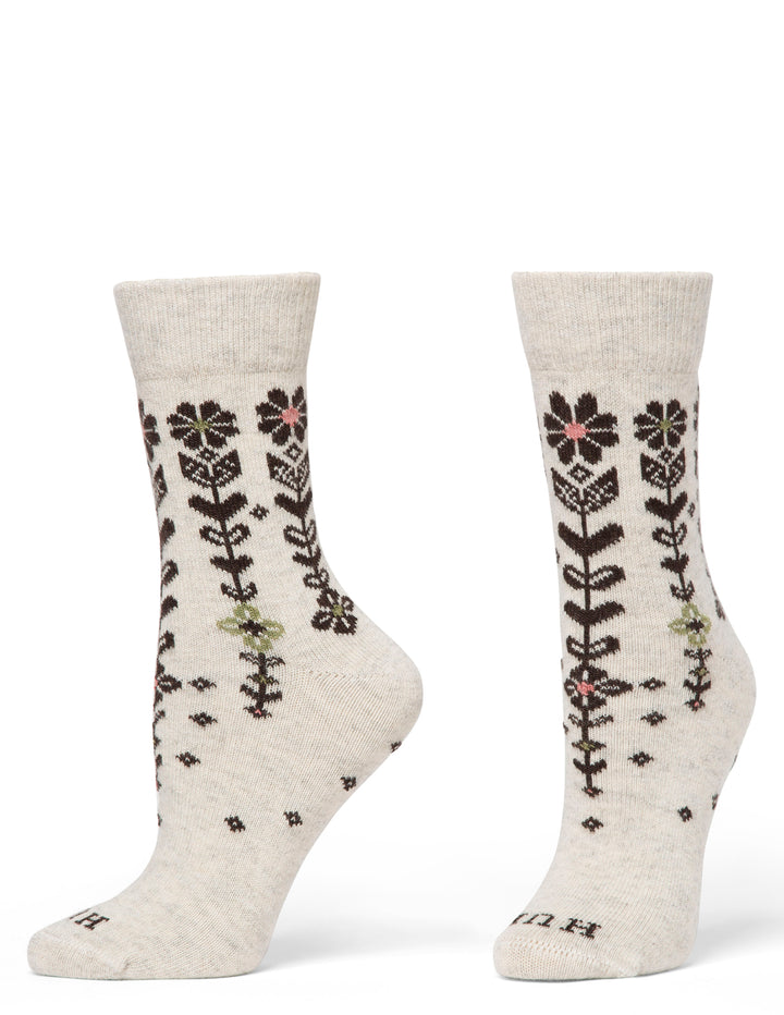 Pair of floral-patterned socks on a white background