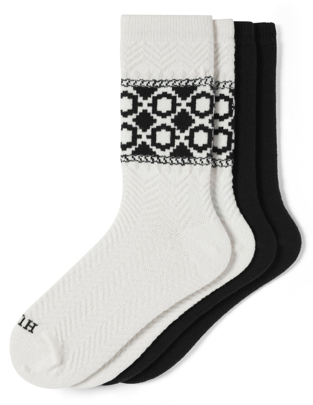 Two pairs of socks, one white with a pattern and one black, on a white background.
