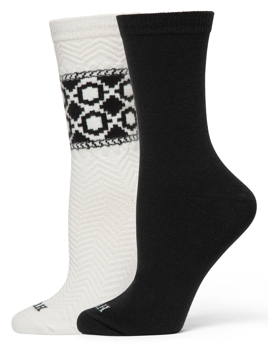 Two socks, one white with a pattern and one black, on a white background