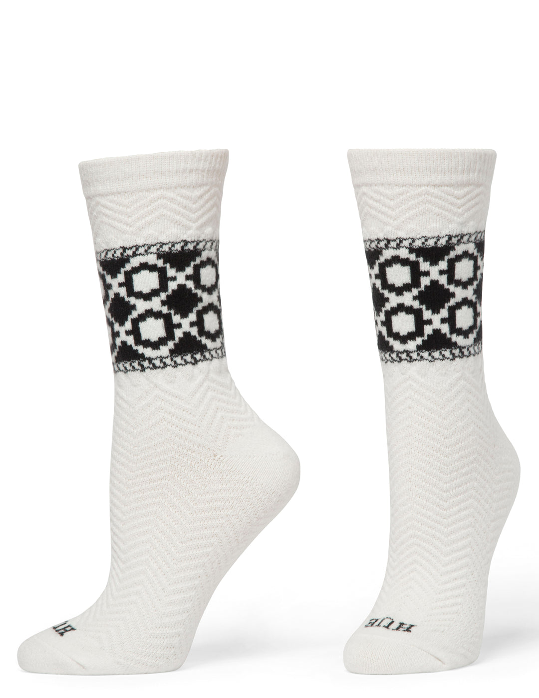 White socks with black and gray pattern on a white background