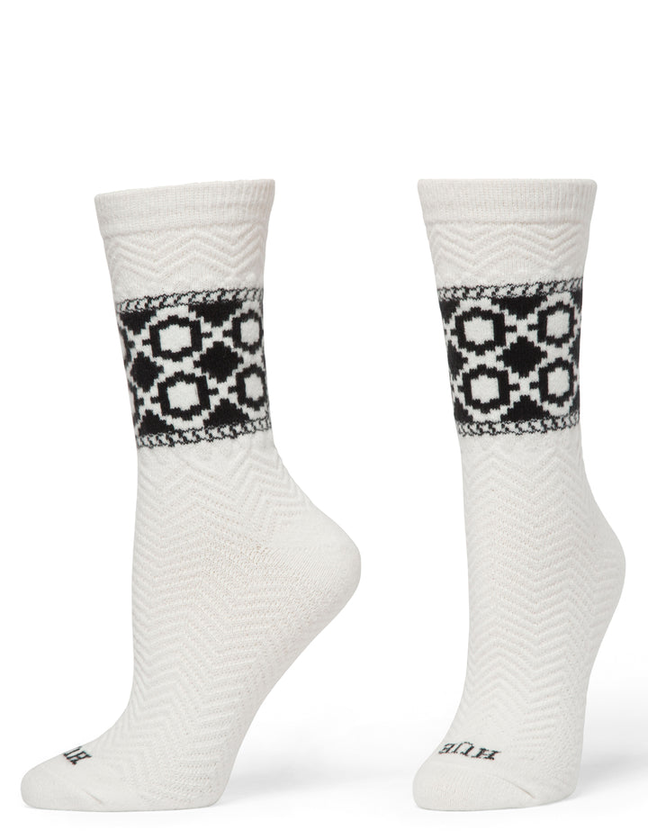 White socks with black and gray pattern on a white background