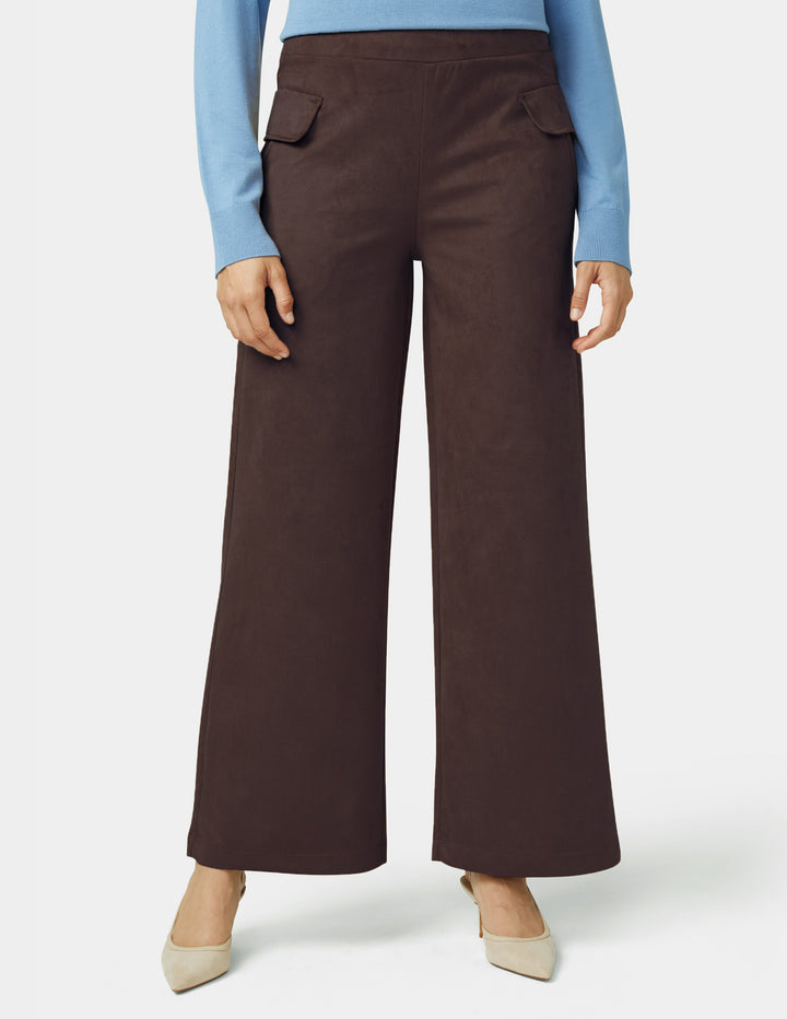 Brown wide-leg pants worn by a person on a white background