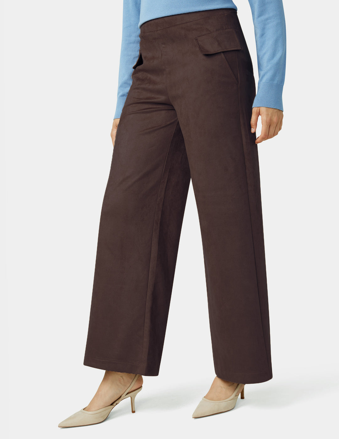 Brown wide-leg pants worn by a person on a white background