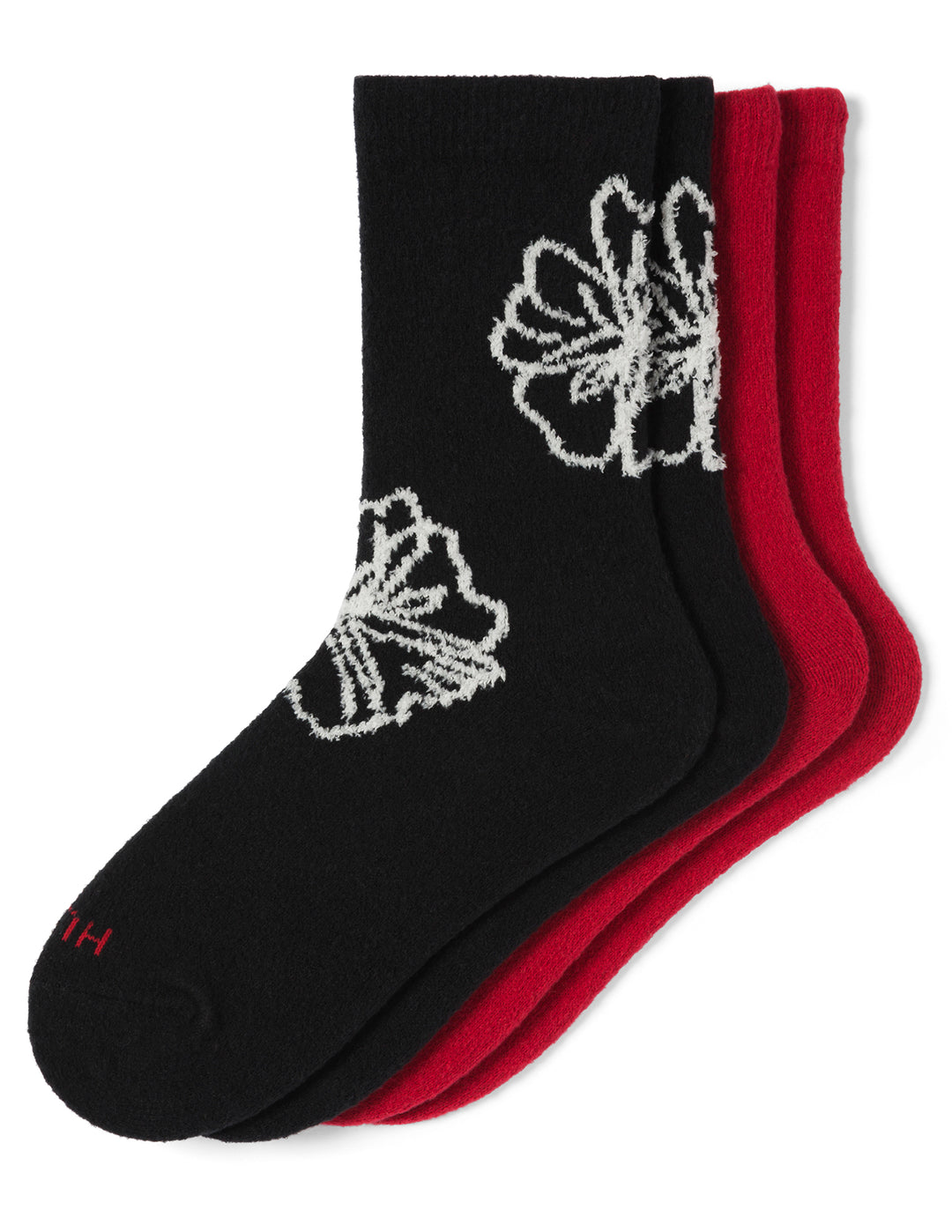 Two pairs of socks with butterfly designs, one black and one red, on a white background.