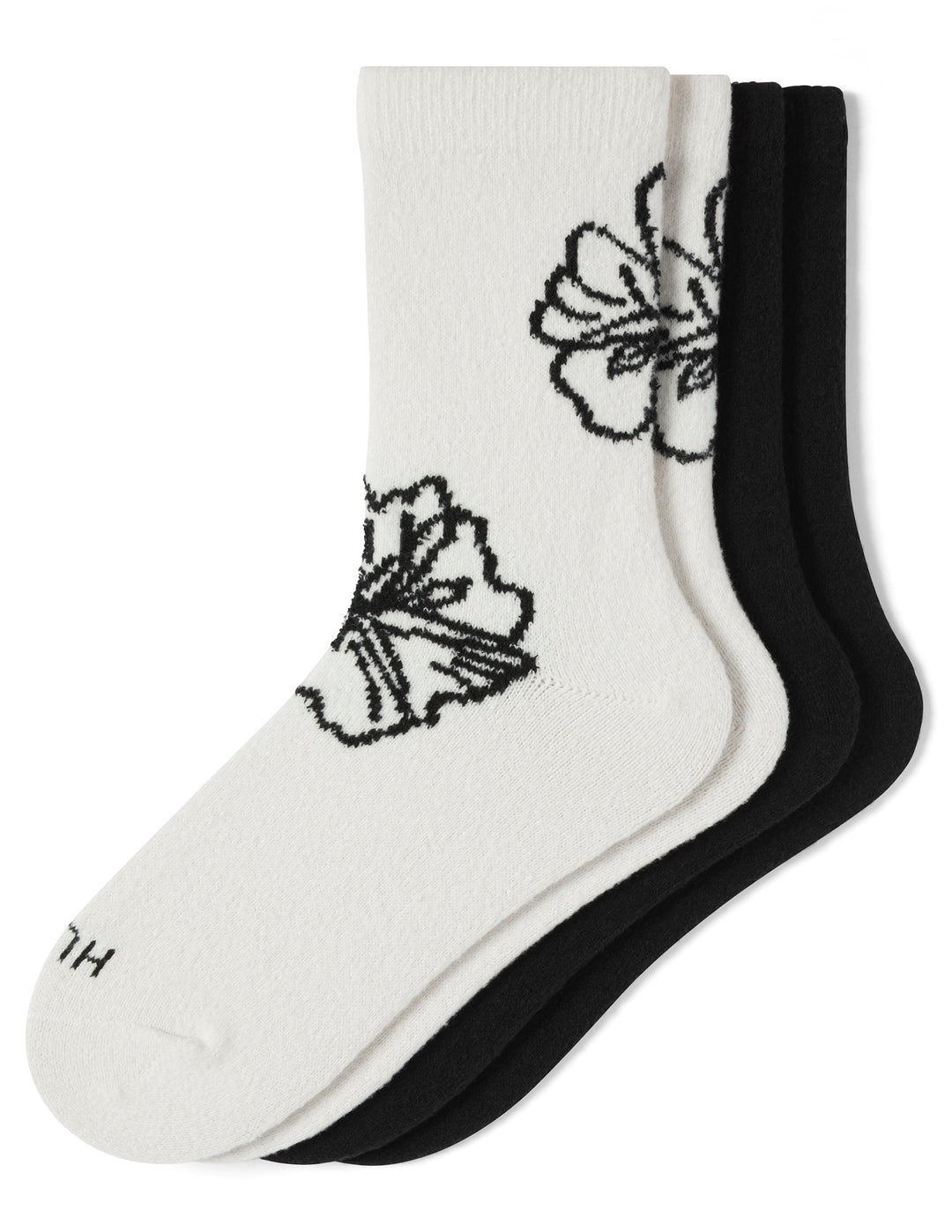 Two pairs of socks, one white and one black, with a floral pattern on a white background.