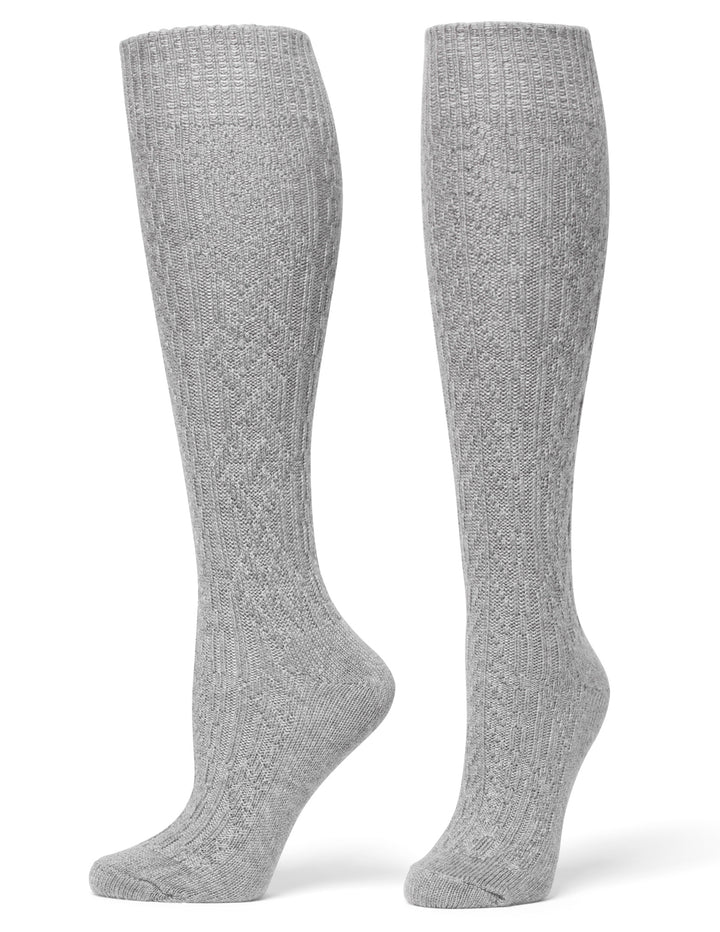 Pair of gray knee-high socks on a white background