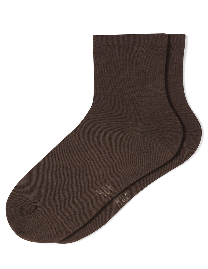 Pair of brown socks with 'HUE' branding on a white background