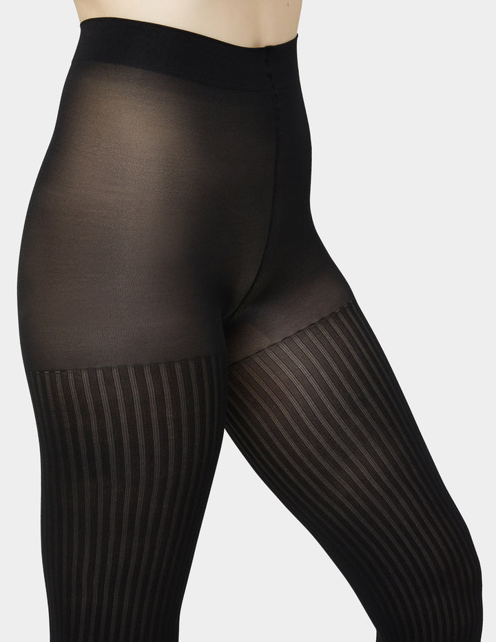 Black tights with ribbed texture on a white background