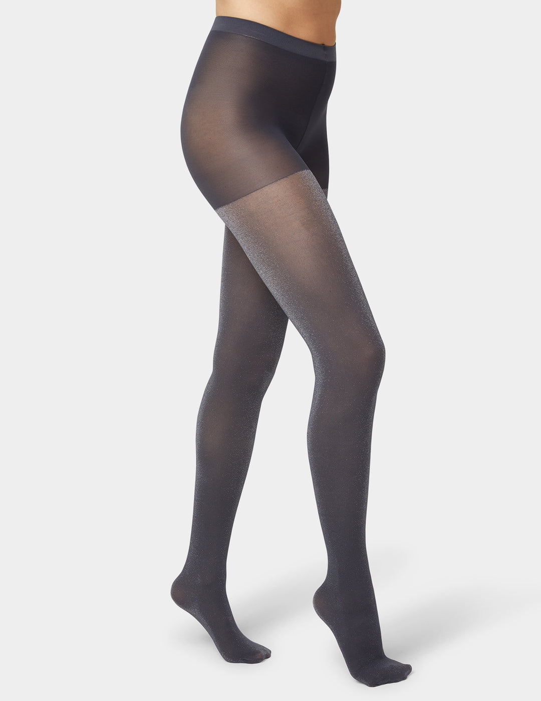 Silver grey sheer tights worn by a person on a white background