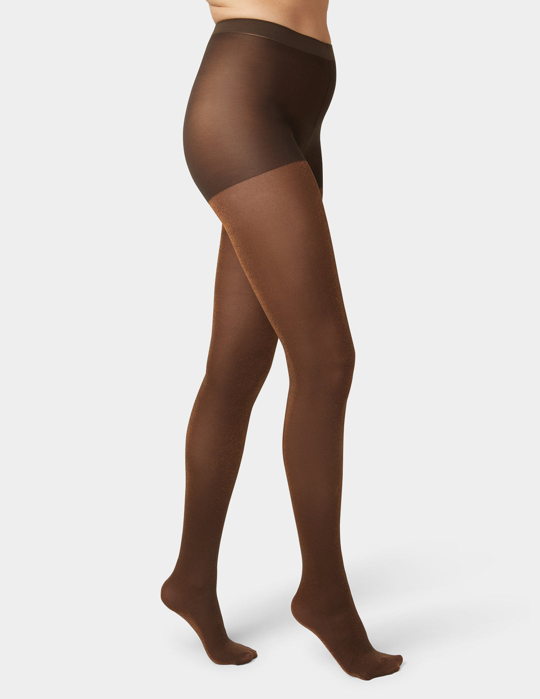 Brown metallic thread tights worn by a person on a white background