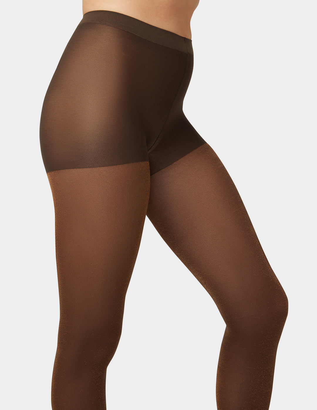 Brown metallic tights worn by a person on a light gray background