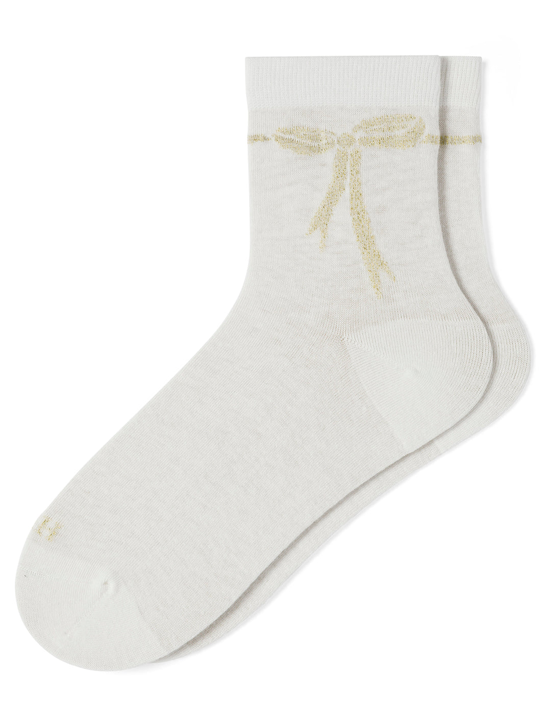 White sock with a gold bow design on a white background