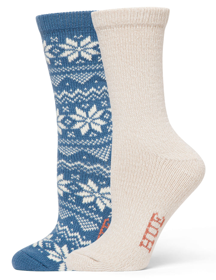 Two socks with blue and white patterned design on a beige background