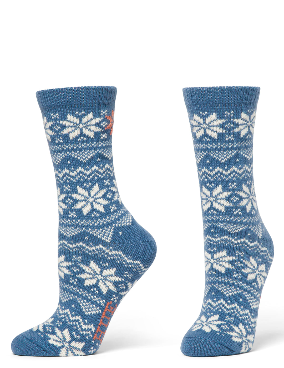 Blue socks with white snowflake pattern on a white background