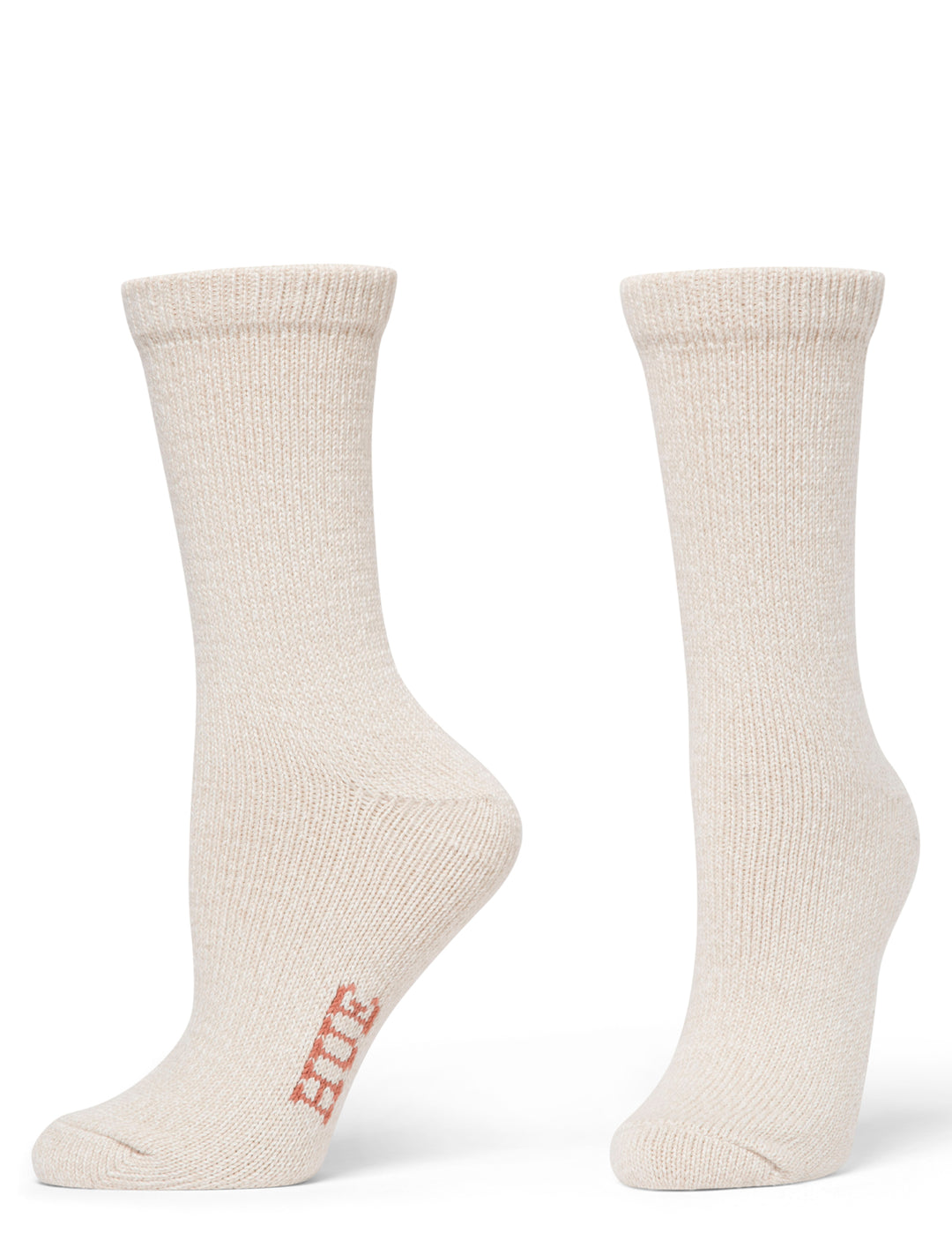 Pair of beige socks with 'Hue' branding on a white background
