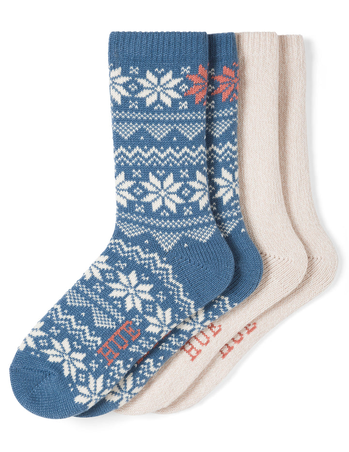 Two pairs of socks with blue and white pattern and beige color on a white background