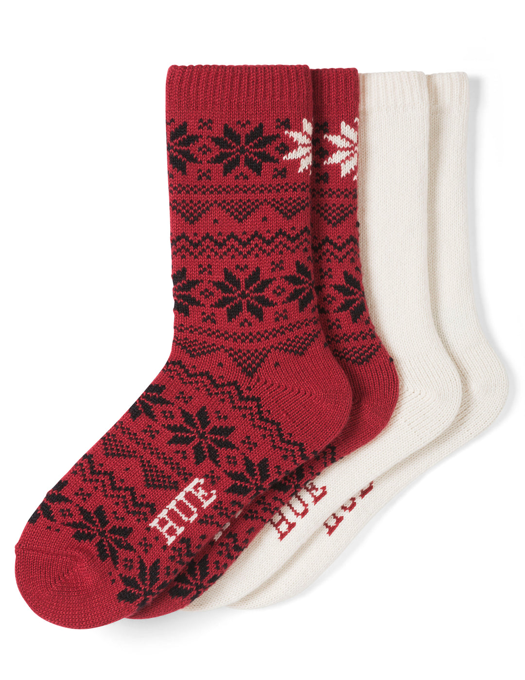 Two pairs of socks with festive patterns on a white background
