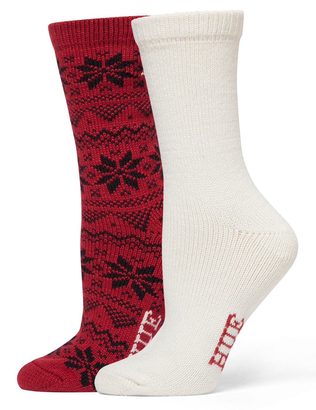 Two pairs of socks, one red with black pattern and one white, on a white background.