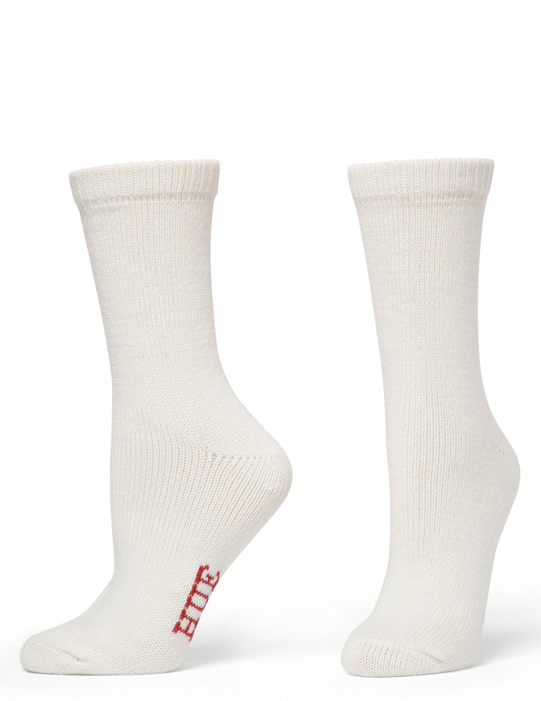 Pair of white socks with a brand logo on a white background