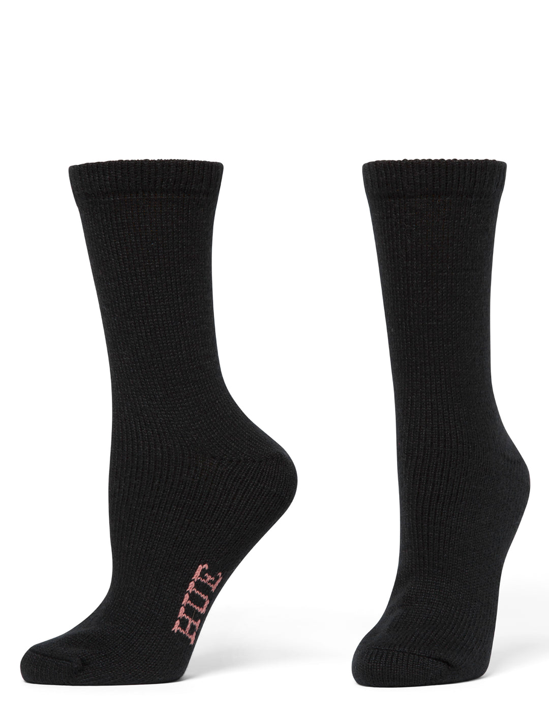 Pair of black socks with a brand logo on a white background