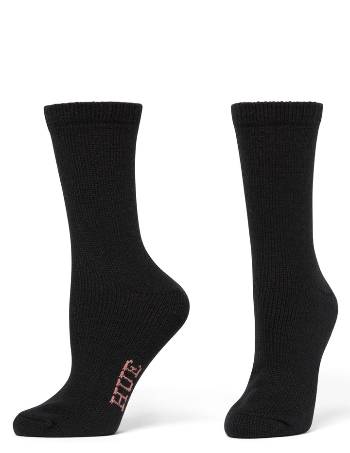 Pair of black socks with a brand logo on a white background