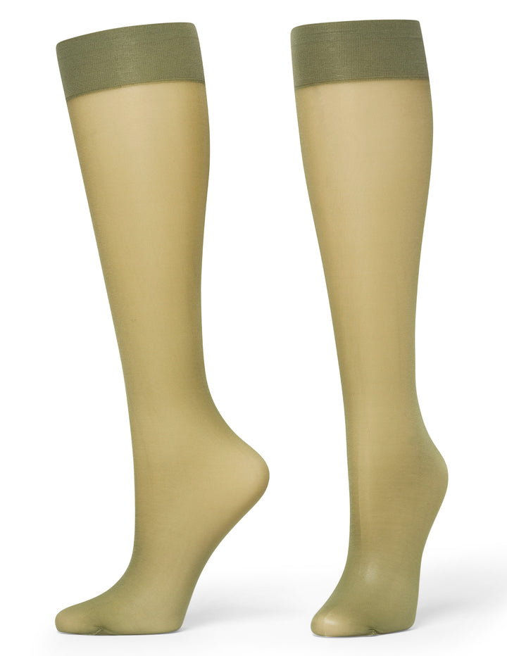 Pair of olive green sheer knee-high socks on a white background