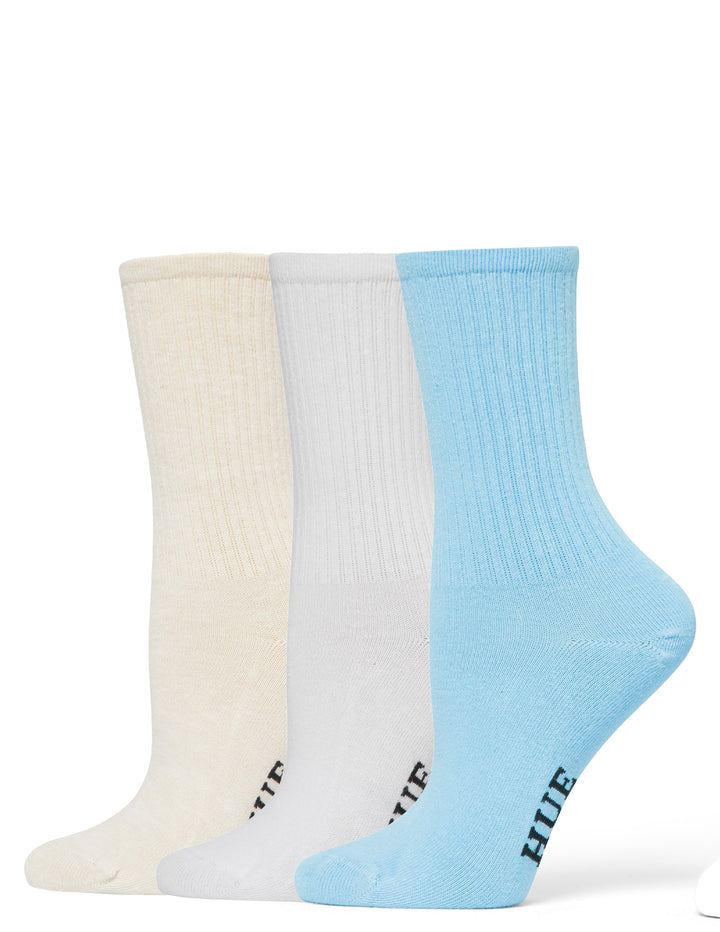 Three pairs of socks in beige, white, and light blue on a white background