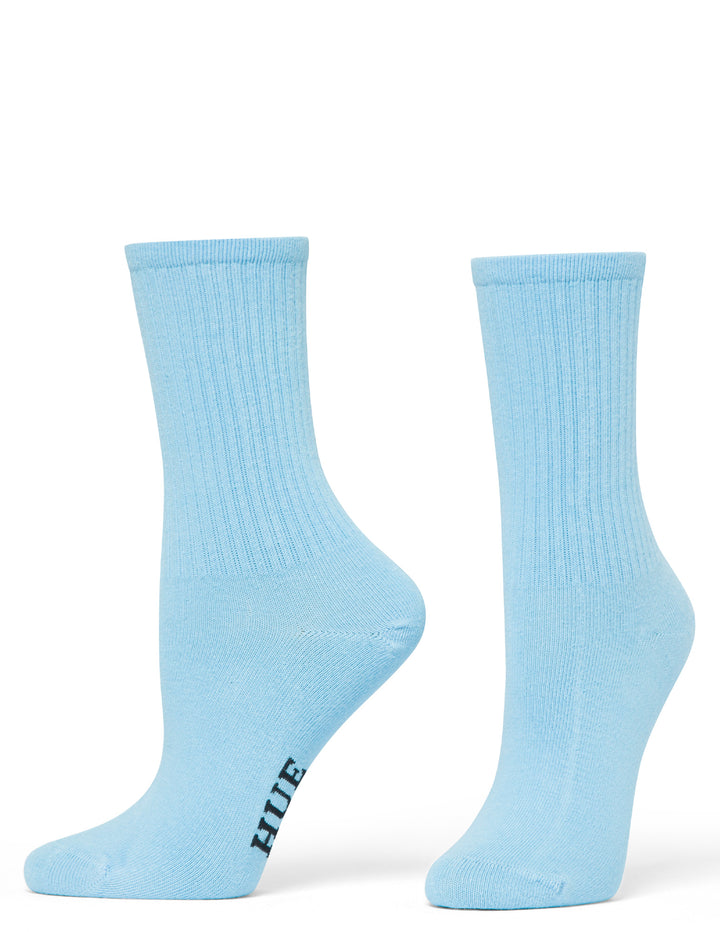 Pair of light blue socks on a white background