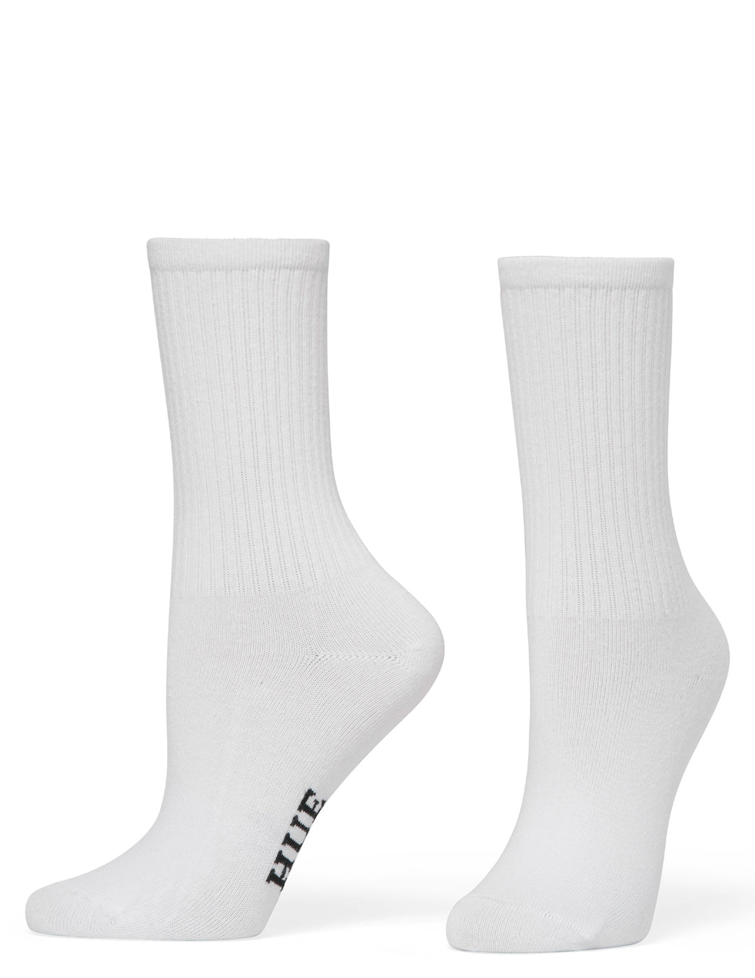 Two white socks with a brand logo on a white background