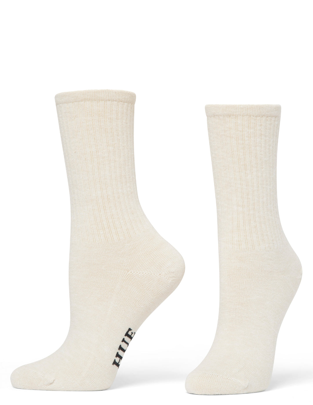 Pair of beige socks with a brand logo on a white background