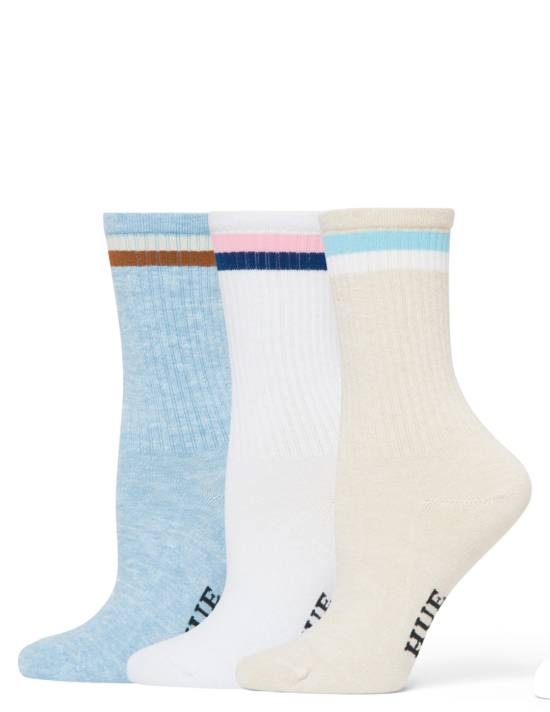 Three pairs of socks with colorful stripes on a white background