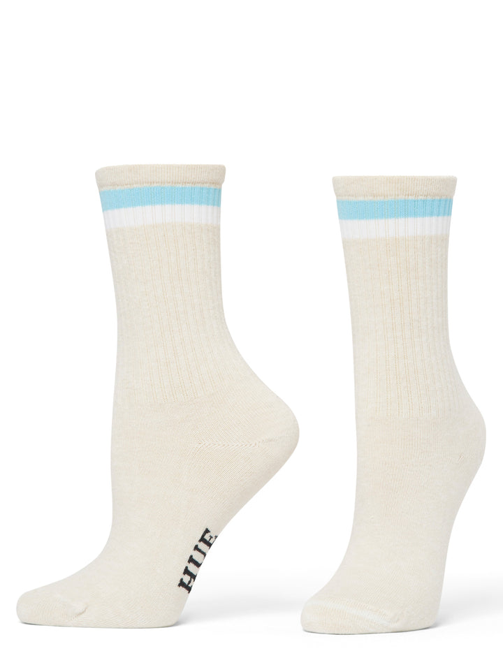 Pair of cream socks with a light blue stripe on a white background