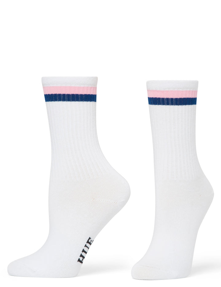 White socks with pink and blue stripes on a white background