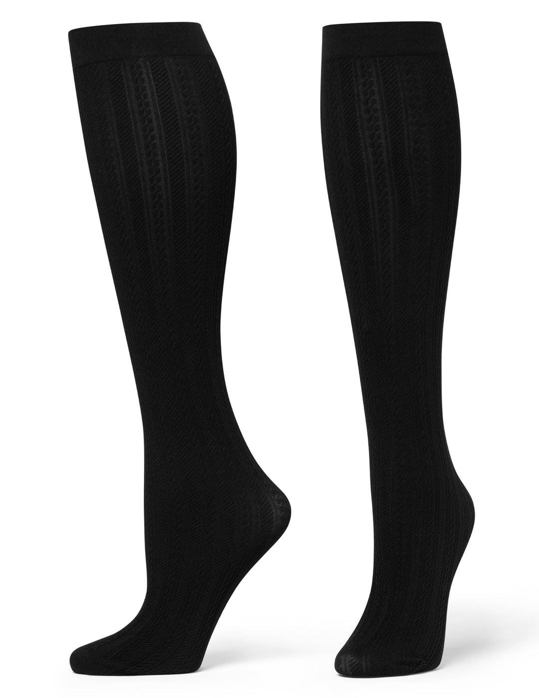 Pair of black knee-high socks on a white background