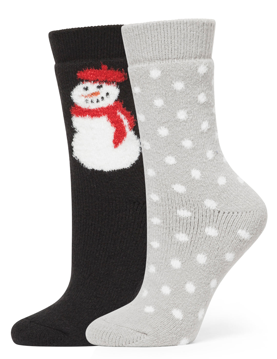 Two socks with a snowman design and polka dot pattern on a white background