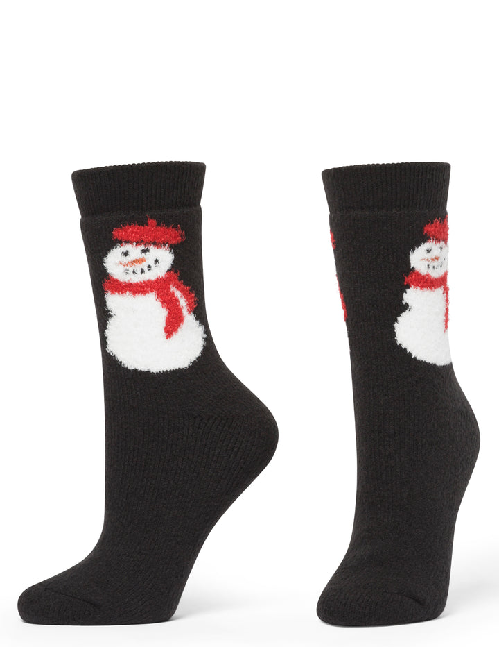 Black socks with a snowman design on a white background