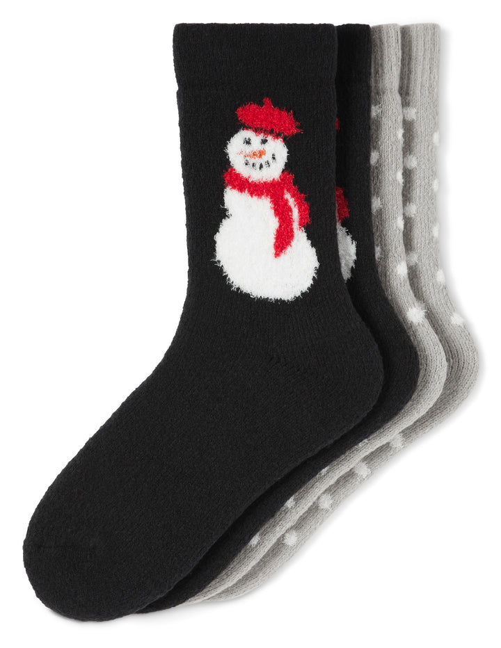 Two pair pack of black socks with a snowman and gray polka dot socks  design on a white background