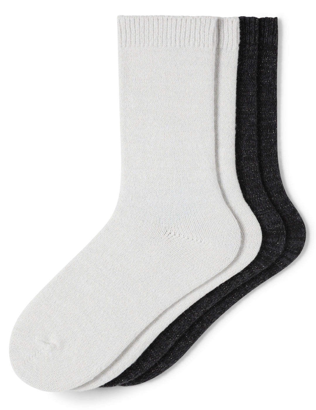 Two pairs of socks, one white and one black, on a white background.