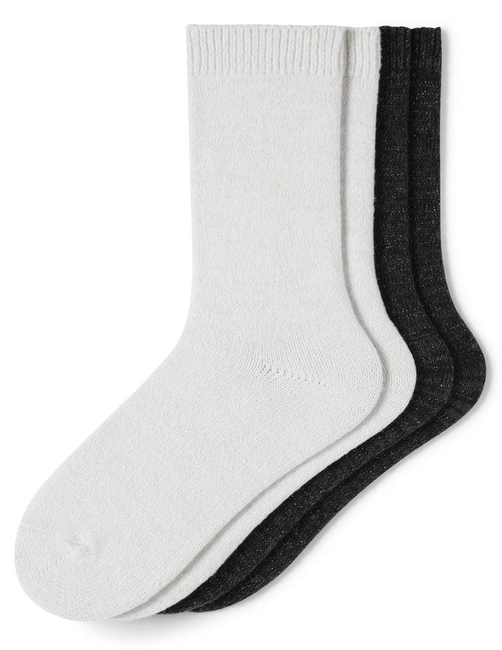 Two pairs of socks, one white and one black, on a white background.