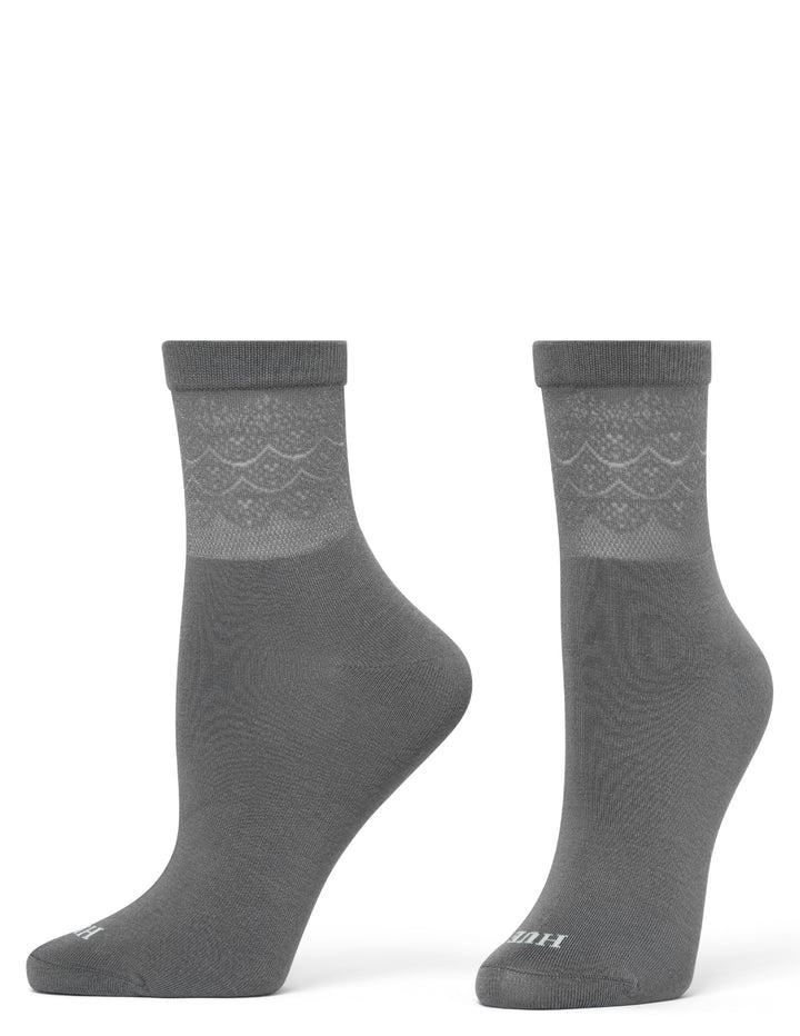 Pair of gray socks with a subtle pattern on a white background