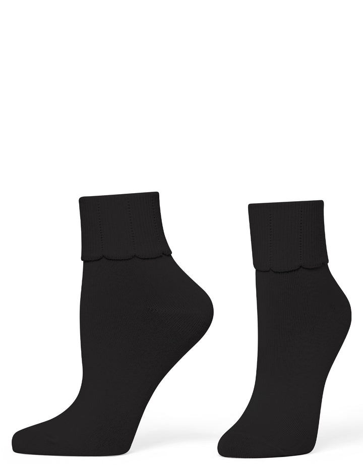 Pair of black ankle socks with scalloped edges on a white background