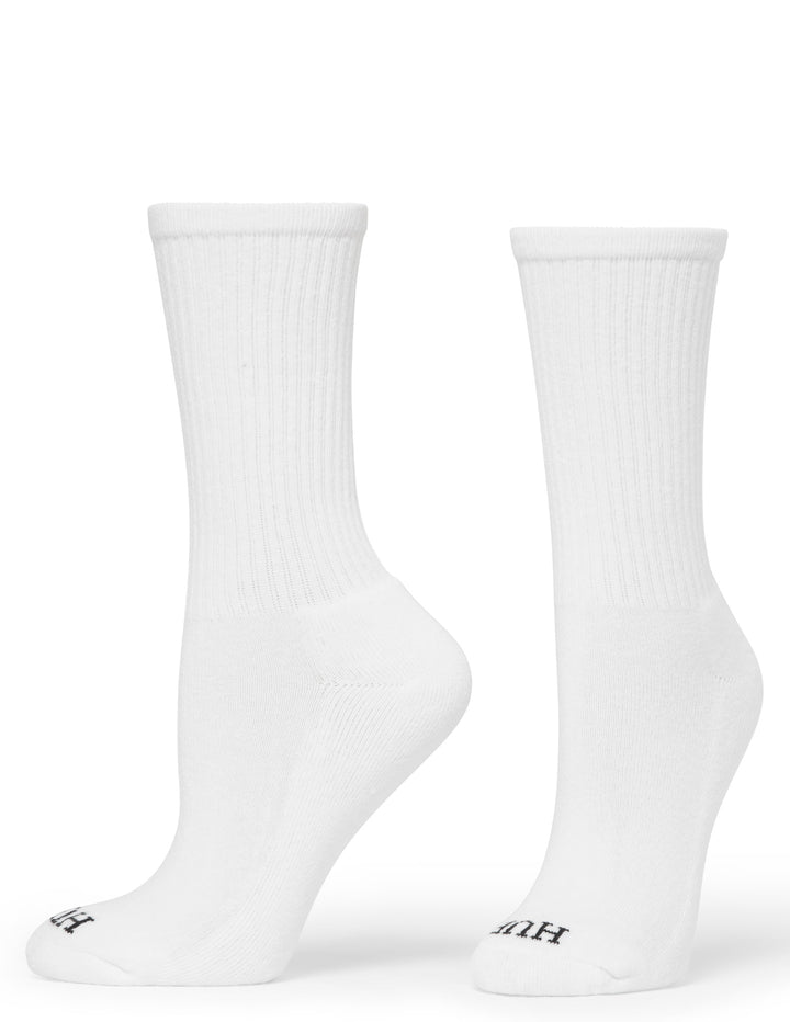 Two white socks with a brand logo on a white background