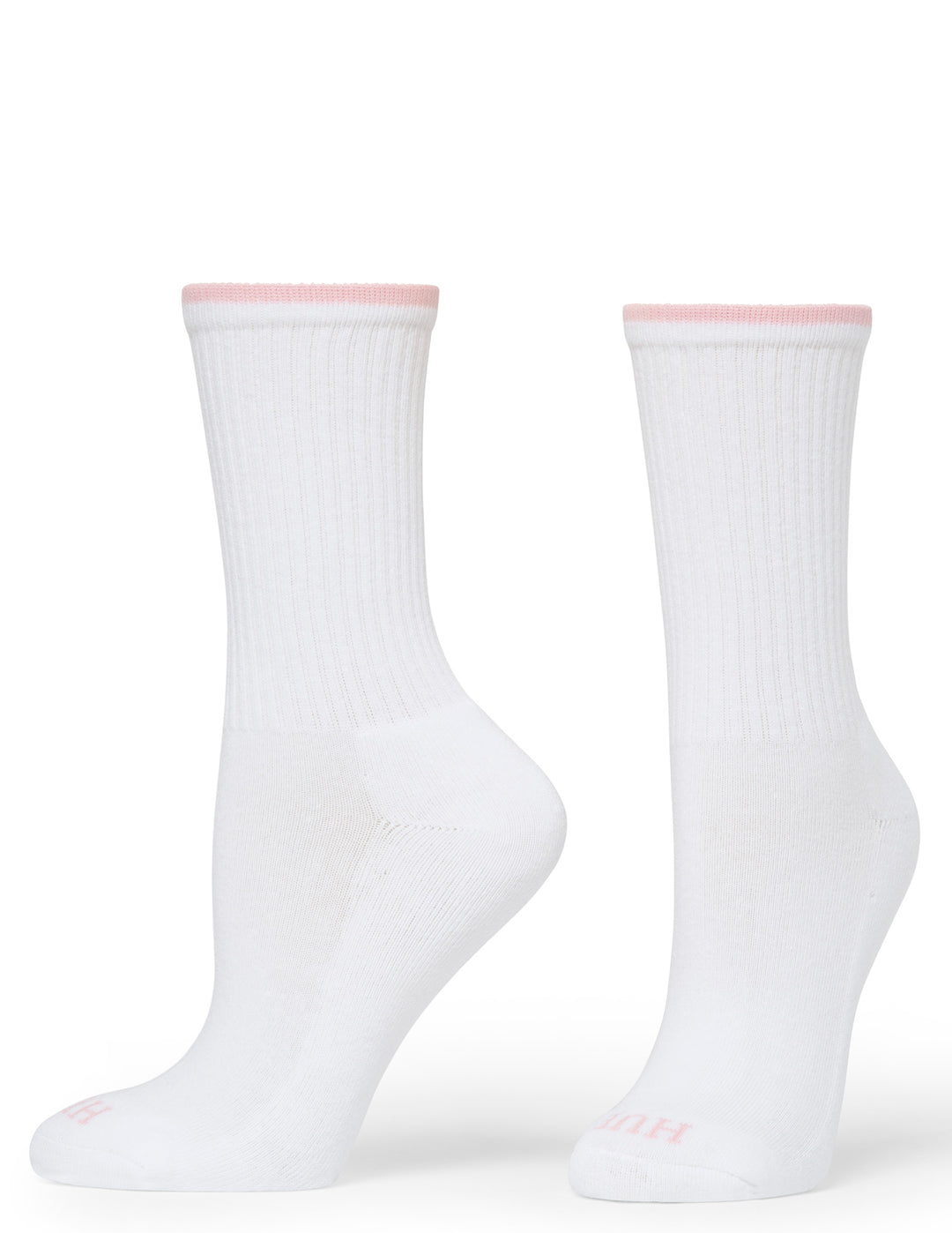 Two white socks with pink trim on a white background