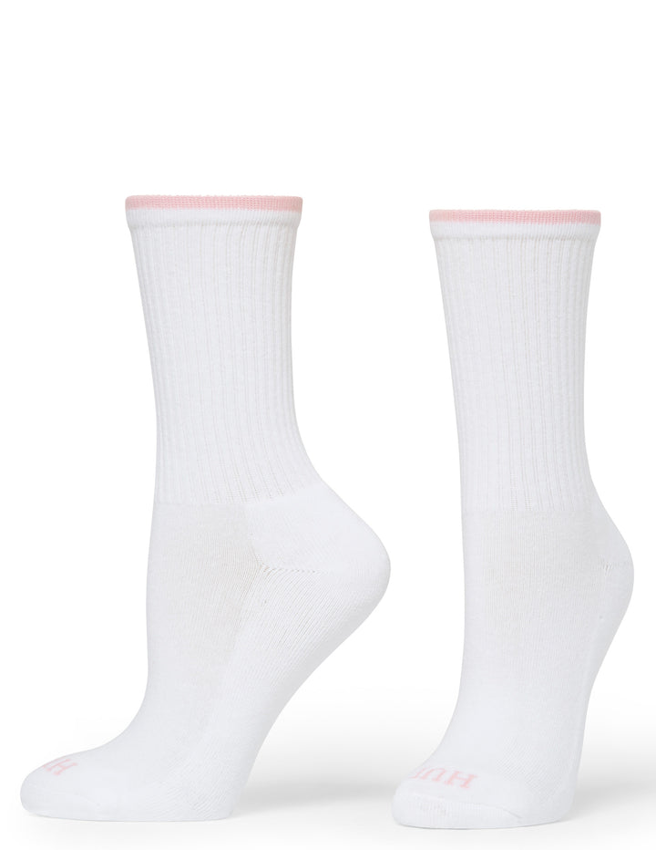 Two white socks with pink trim on a white background